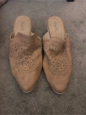 Qupid Tan Pointed-Toe Slip-On Mules with Laser-Cut Medallion